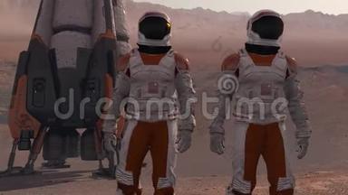 宇航员穿着太空服在火星表面行走。 探索火星任务。 未来殖民和